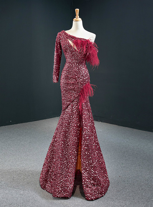 Burgundy One Shoulder Prom Dress with Split Mermaid Design
