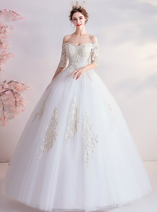 In Stock:Ship in 48 Hours White Ball Gown Tulle Off the Shoulder Short ...