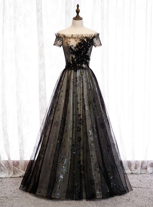 A-Line Black Tulle Sequins Off the Shoulder Long Prom Dress 2020