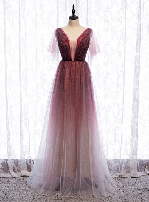 Burgundy Tulle Deep V-neck Beading Formal Prom Dress main image 0