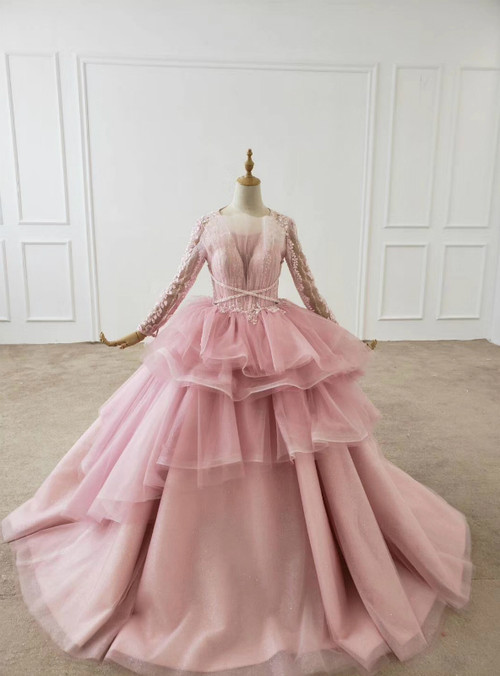 Pink Ball Gown Wedding Dress tulle Prom Dresses     fg2875 main image 1