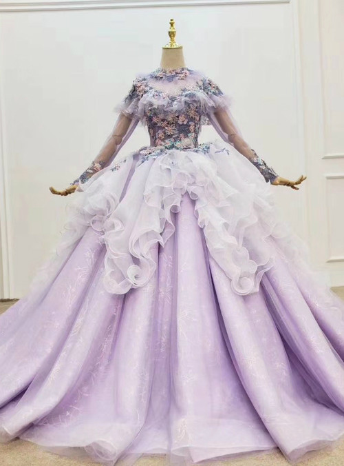 Light Purple Tulle Long Sleeve Appliques Beading Wedding Dress 2020