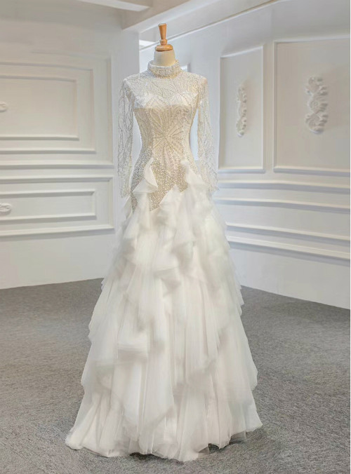 Sheath High Neck Long Sleeves Beaded Ruched Wedding Dress