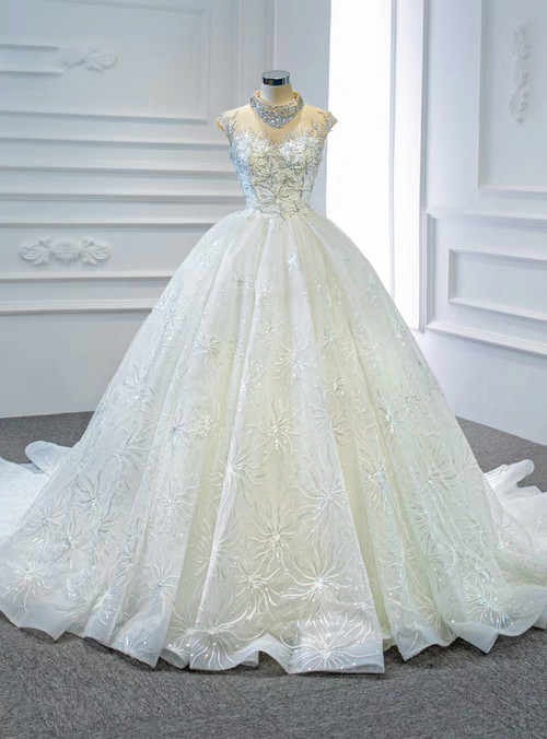 High Quality White Ball Gown Tulle High Neck Backless Beading Sequins ...