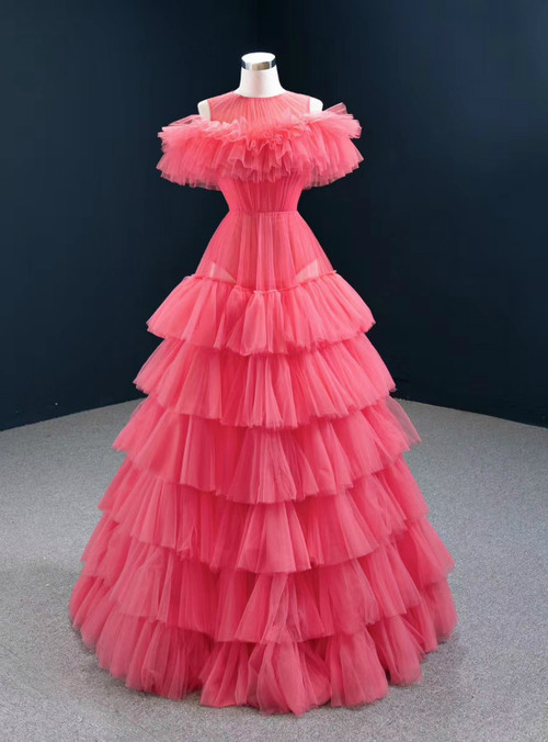 A-Line Pleated Tulle Floor-Length Dress Red
