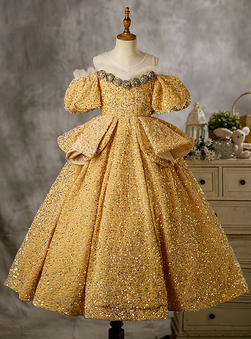 Flower Girls Dress Gold Embroidery Appliqued Puff Tulle Short Sleeves Sequins Party Dress main image 1