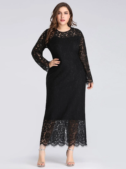 For Your Big Night Black Sheath Lace Long Sleeve Ankle Length Plus Size ...