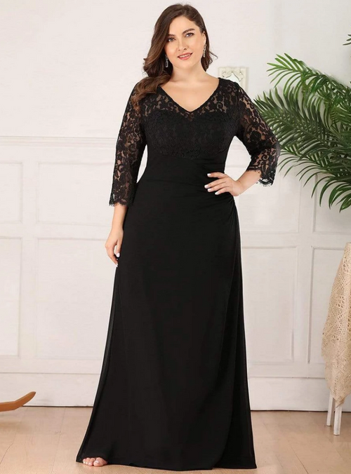 Find Your Dress For Prom! A-Line Black Chiffon Lace Long Sleeve Plus ...