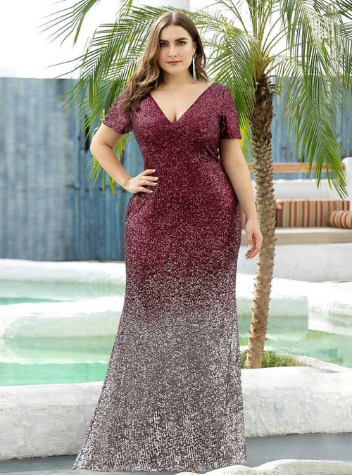 green emerald velvet dress Asymmetrical Plus Size Sequin V-neck Evening Dresses main image 0