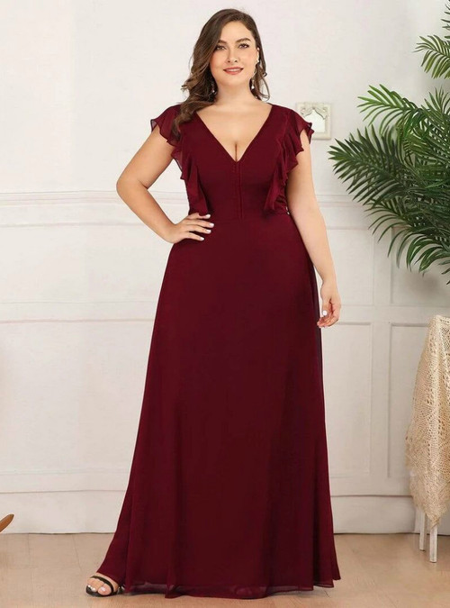 Simple Long Sleeves V-neck Long Plus Size Prom Dress With High Split