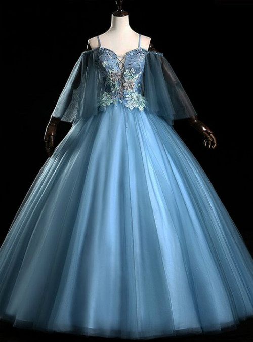 Spaghetti Strap Off The Shoulder Light Blue Ball Gown Quinceanera Dress main image 1
