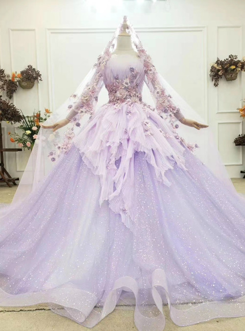 At Incredible Price Purple Ball Gown Tulle Long Sleeve Appliques Pleats ...