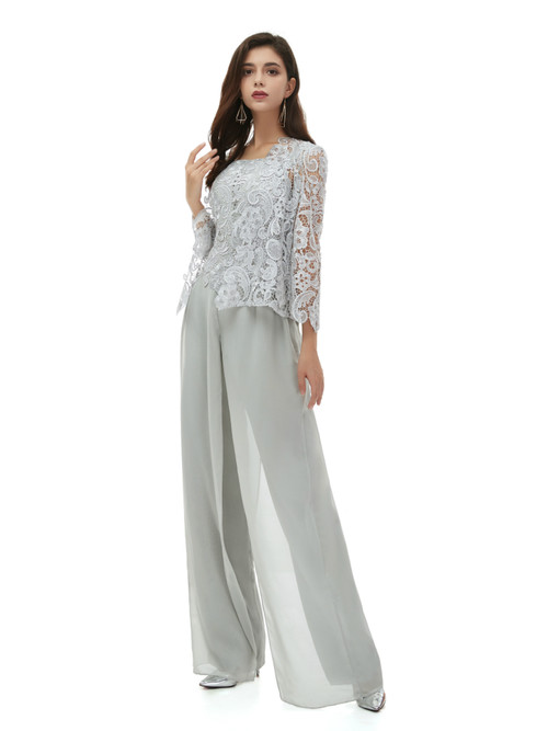 Largest Gray Chiffon Lace 3 Piece Mother Of the Bride Dress With Coat