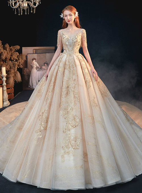 Plunging V-neck Sequins Tulle Dress With Slit Champagne main image 1