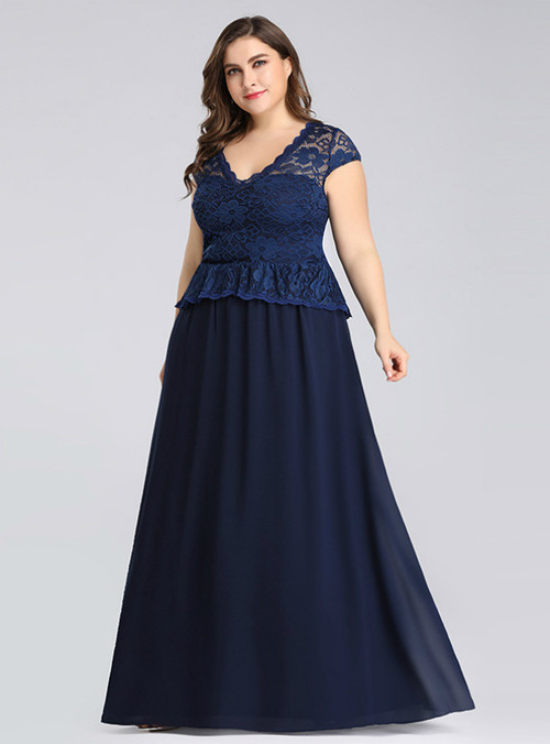 V-neck Chiffon Dresses with Lace Strap Royal Blue Plus Size
