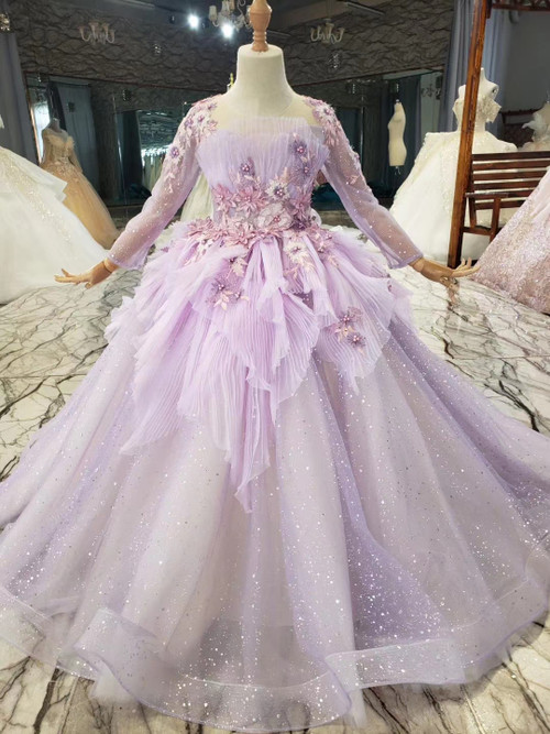 Purple Floral A Line Sequined Party Ball Gown