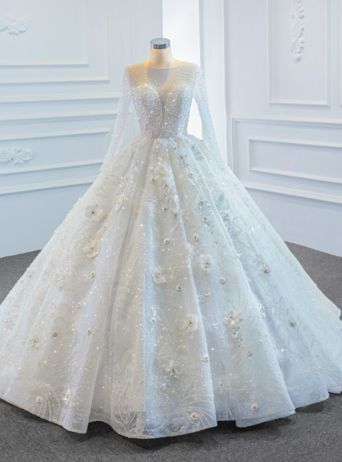 White Ball Gown Tulle Long Sleeve Beading Floor Length Wedding Dress main image 0