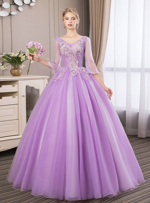 In Stock:Ship in 48 Hours Purple Tulle Appliques Quinceanera Dress