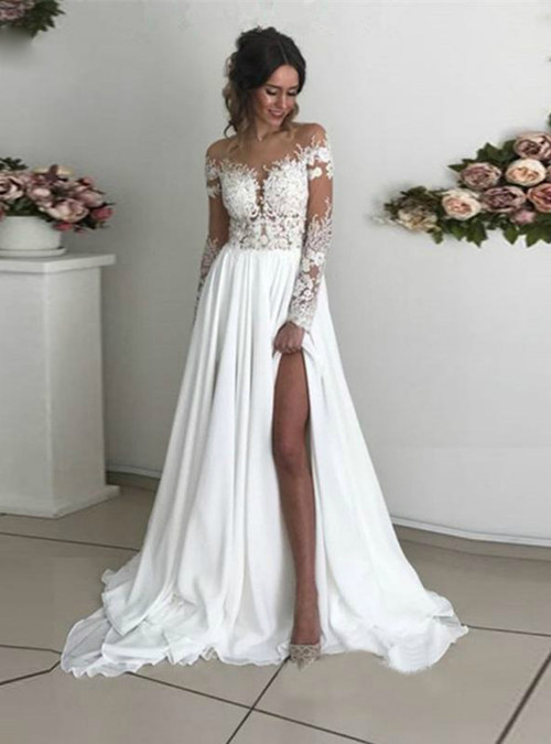 A-Line White Chiffon Lace Appliques Long Sleeve Wedding Dress With Split