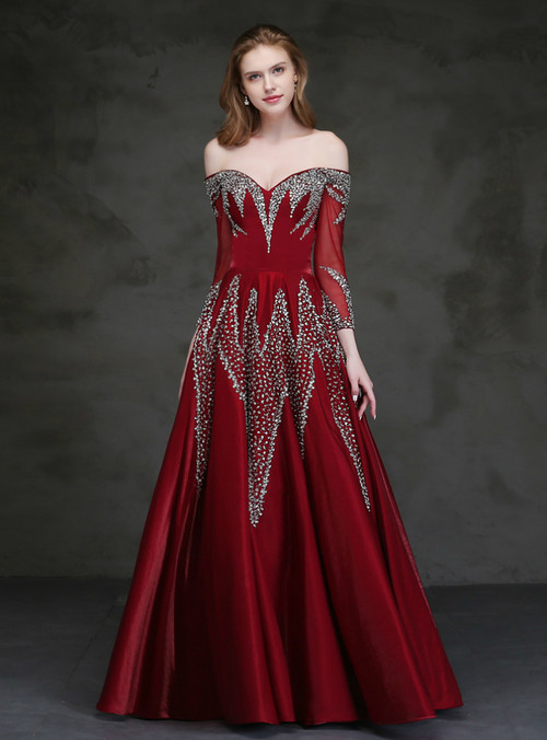 Modern Burgundy Long Sleeves Prom Dress with Off-the-Shoulder Split and Beadings main image 1