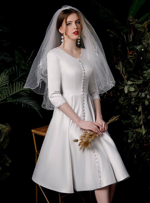 satin knee length wedding dresses Bateau 3/4 Sleeve Knee-Length Ivory Lace Satin Wedding Dress