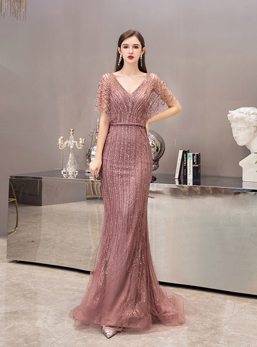 Blush Pink V Neck Tulle Appliques Mermaid Prom Dress