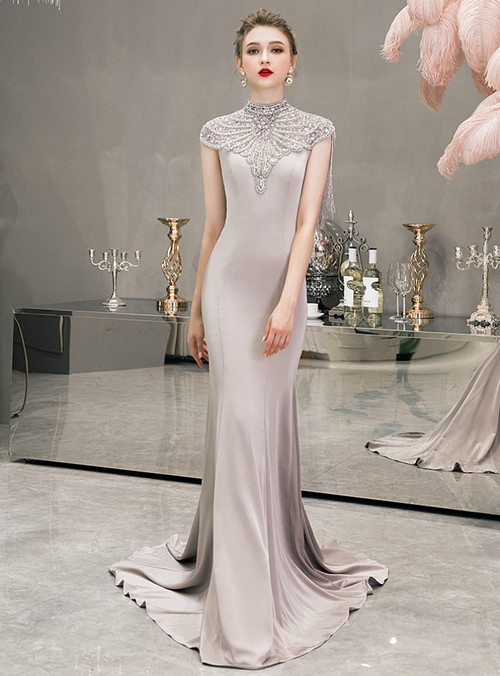 Gray Mermaid Satin Cap Sleeve High Neck Beading Prom Dress 2056