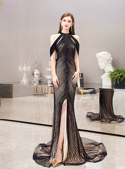 Black Sheath Sequins Halter Backless Long Prom Dress with High Slit,DP1413