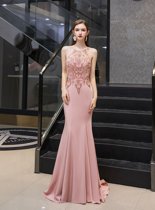 Halter Sleeveless Mermaid Prom Dress in Pink with Beads