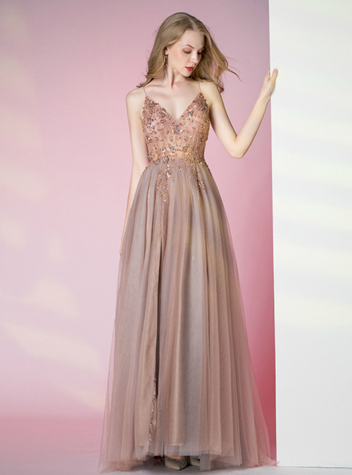 Fairy A Line V Neck Blush Pink Tulle Tiered Prom Dress with Beading VK110202