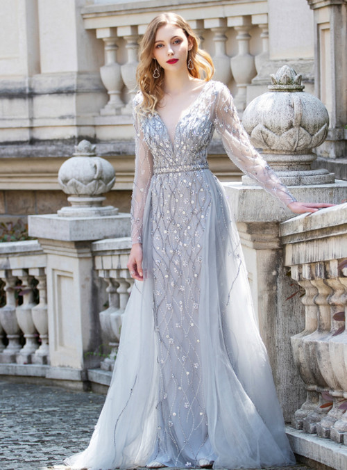 Gray Long Sleeve Tulle Beading Prom Dress