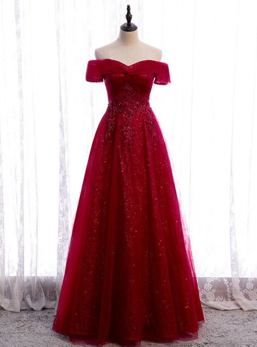 Burgundy Off The Shoulder Sequins Tulle Prom Dress LBQ1625