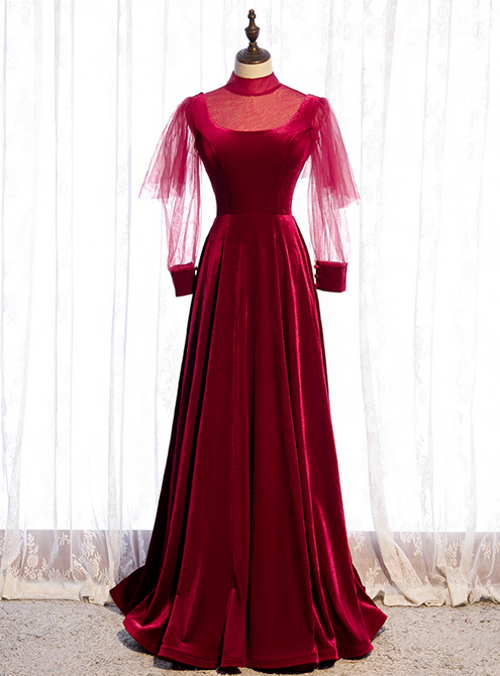 Burgundy Velvet Long Sleeve High Neck Backless Formal Prom Dress main image 0