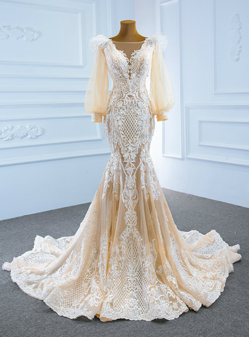 Beautiful Champagne Mermaid Tulle Long with Lace Evening Gown, Charming Prom Dress 2022