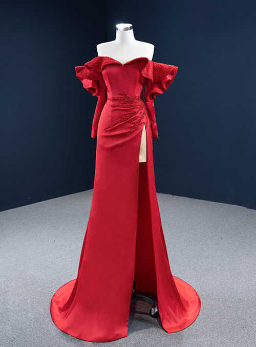Mermaid Cold Shoulder Red Satin Long Prom Dresses with Ruffle Slit VK25032305 main image 0