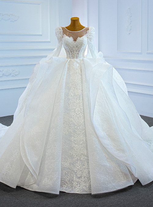 Ball Gown Lace White Wedding Dress With Detachable Long Sleeves main image 1