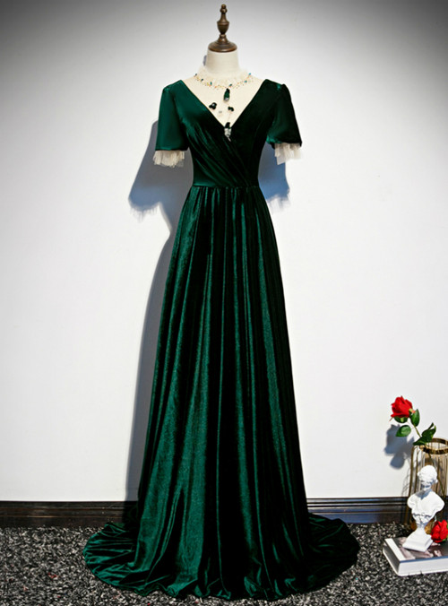 Dark Green Velvet Short Sleeve Open Back Beading Prom Dress Dark Green Velvet Short Sleeve Open Back Beading Prom Dress