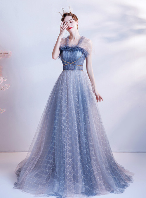 In Stock:Ship in 48 Hours Blue Tulle Pleats Prom Dress