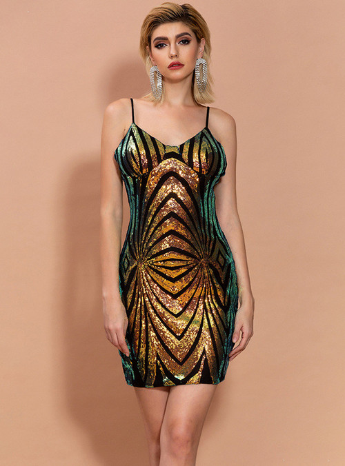 Rose Gold Sequins Spaghetti Straps Mini Homecoming Dress, Party Dress UQH0078 main image 1