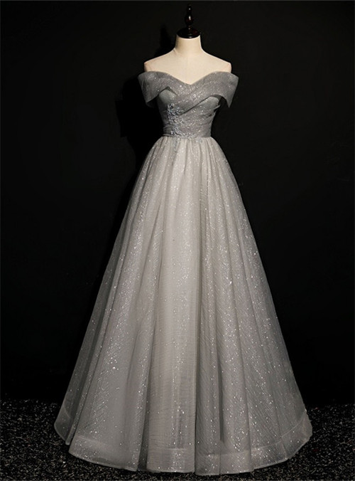 Gray Tulle Off the Shoulder Beading Formal Prom Dress