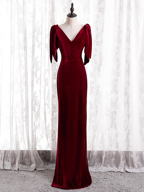 Burgundy Mermaid Beaded Half Sleeve Velvet V-neck Prom Dresses, FC2076