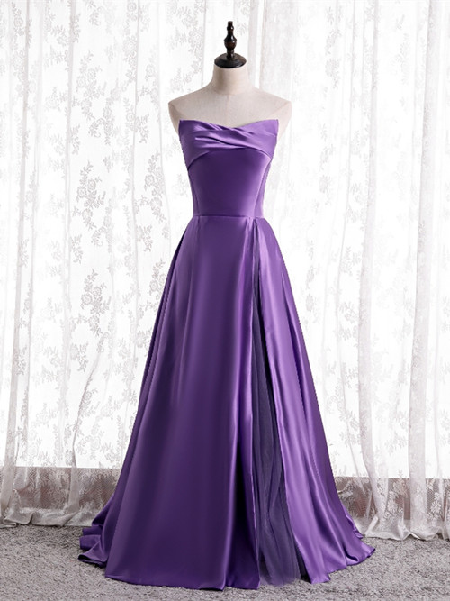 Causal Dark Purple Satin Strapless Prom Dress