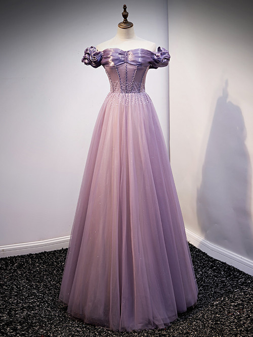 Purple Tulle Irregular Neck Sequins Beading Prom Dress main image 1
