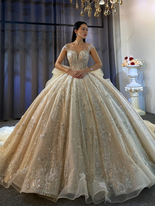 Ball Gown Backless Sequins Beading Long Train Wedding Dress