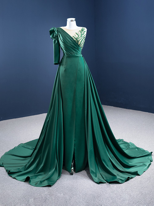 Black and Green One Shoulder Pleated Formal Gown Beaded Side Train Sleeveless Evening Dress