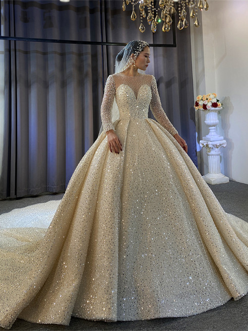 Champagne Sequins Pearls Long Sleeve Wedding Dress With Train