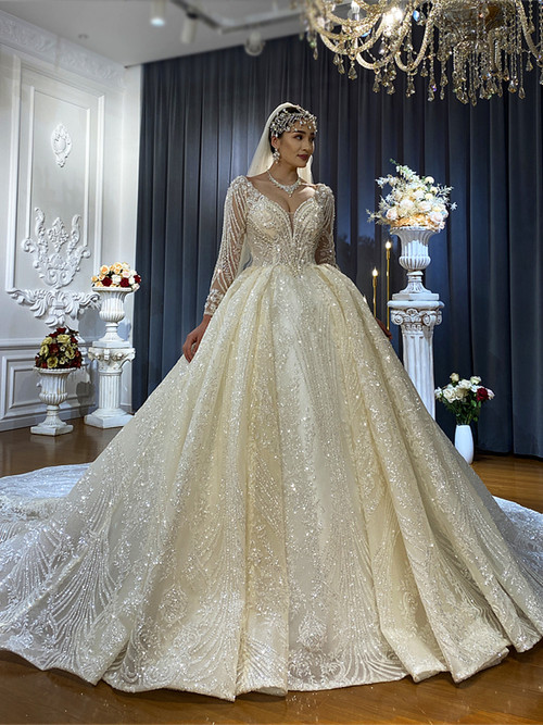 Champagne Sequins V-neck Beading Wedding Dress