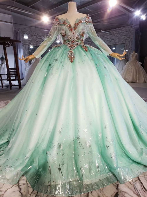 Green Crystal Embroidered Tulle Dress A-Line Layered Gown Fancy Dress