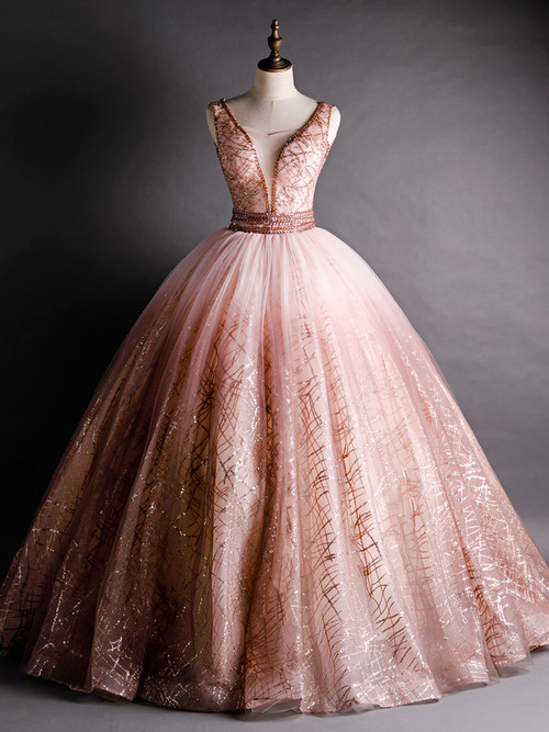 Pink Ball Gown Tulle Short Sleeve Beading Quinceanera Dress main image 1