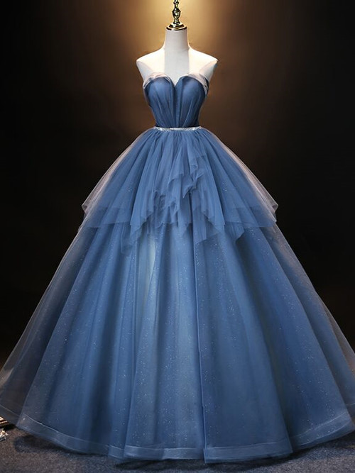 Blue Tulle Sequins Strapless Beading Quinceanera Dress
